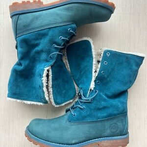 Timberland Womens Linden Woods Fold-Down Leather Lace-Up Boots Blue
